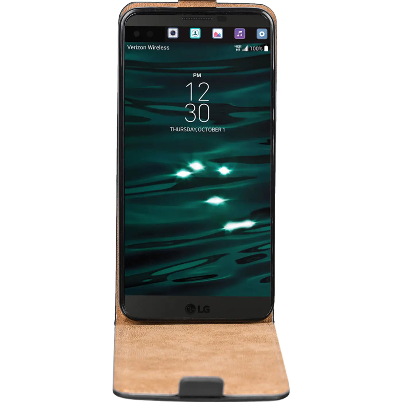 LG V10 in brauner Leder-Flip-Hülle, Vorderansicht