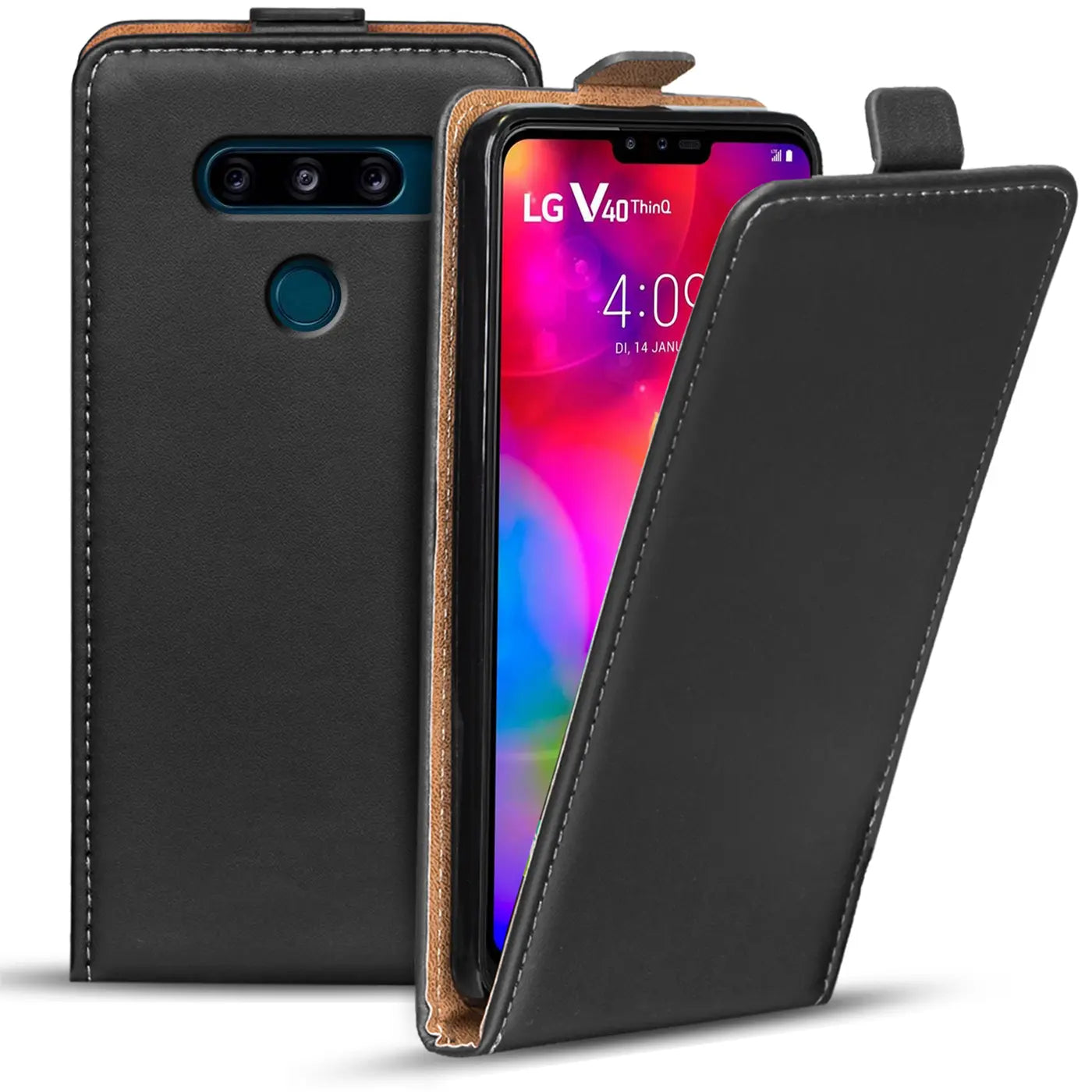 Schwarze Leder-Flip-Hülle für LG V40, von vorne, offen
