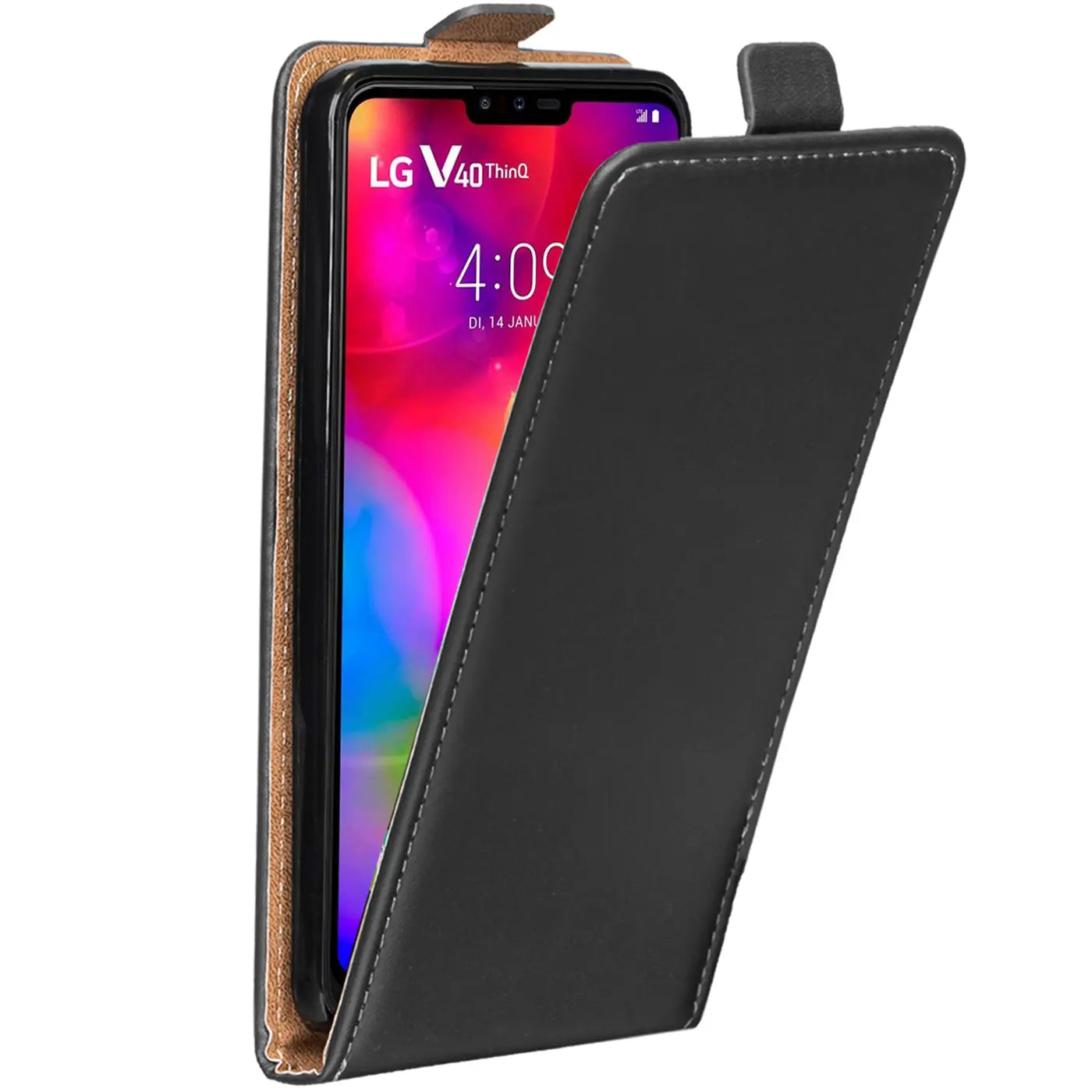 Schwarze Leder-Flip-Hülle mit offenem Klappdeckel, zeigt LG V40 ThinQ von vorne.