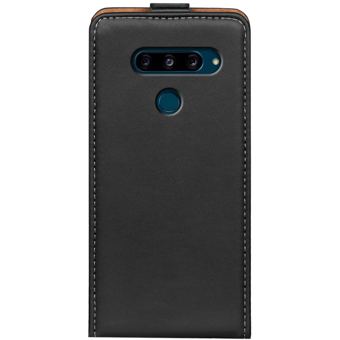 Schwarze Leder-Flip-Hülle für LG V40 mit Kameraöffnung und Fingerabdrucksensor.