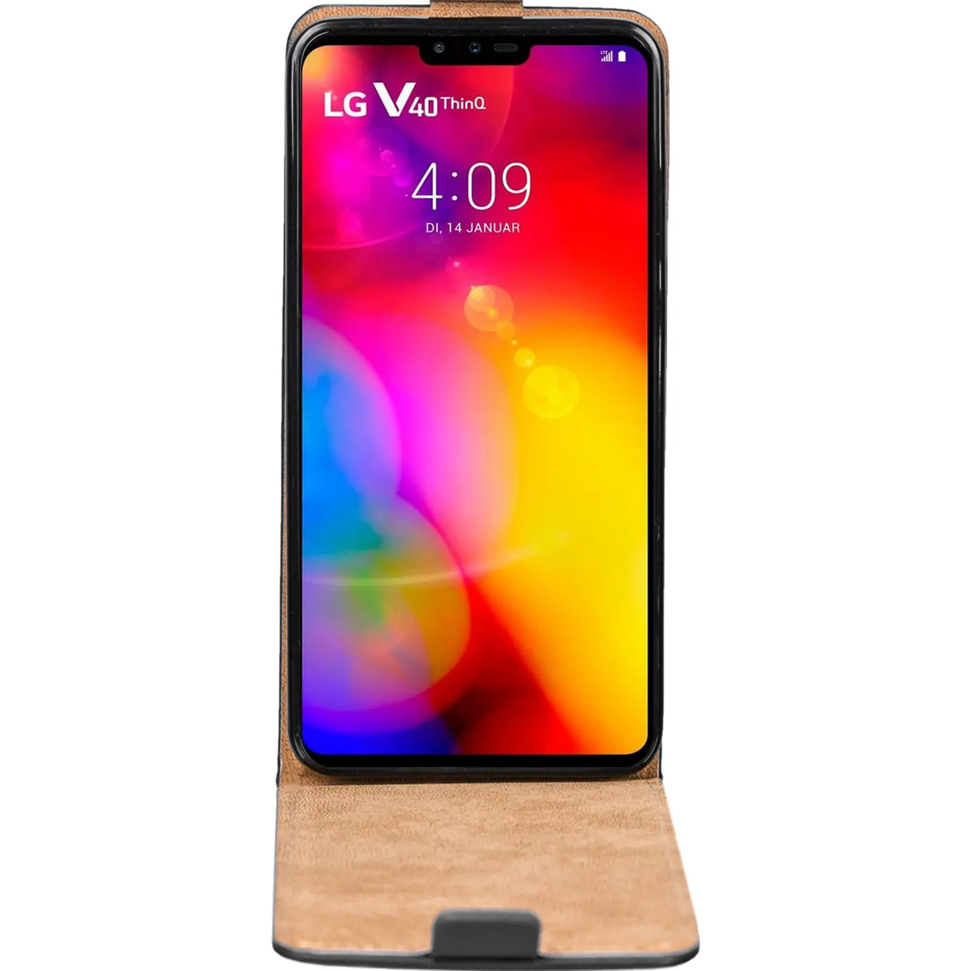 LG V40 ThinQ in brauner Leder-Flip-Hülle, Frontansicht.