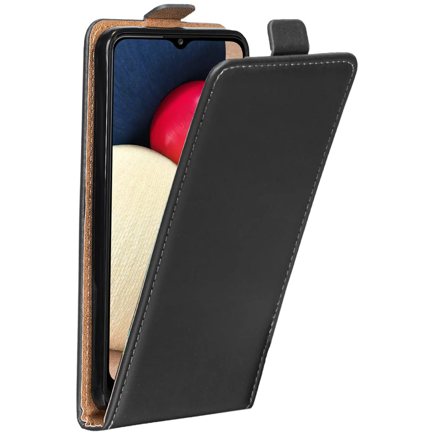 Schwarze Leder-Flip-Hülle, offen, zeigt Samsung Galaxy A03s.