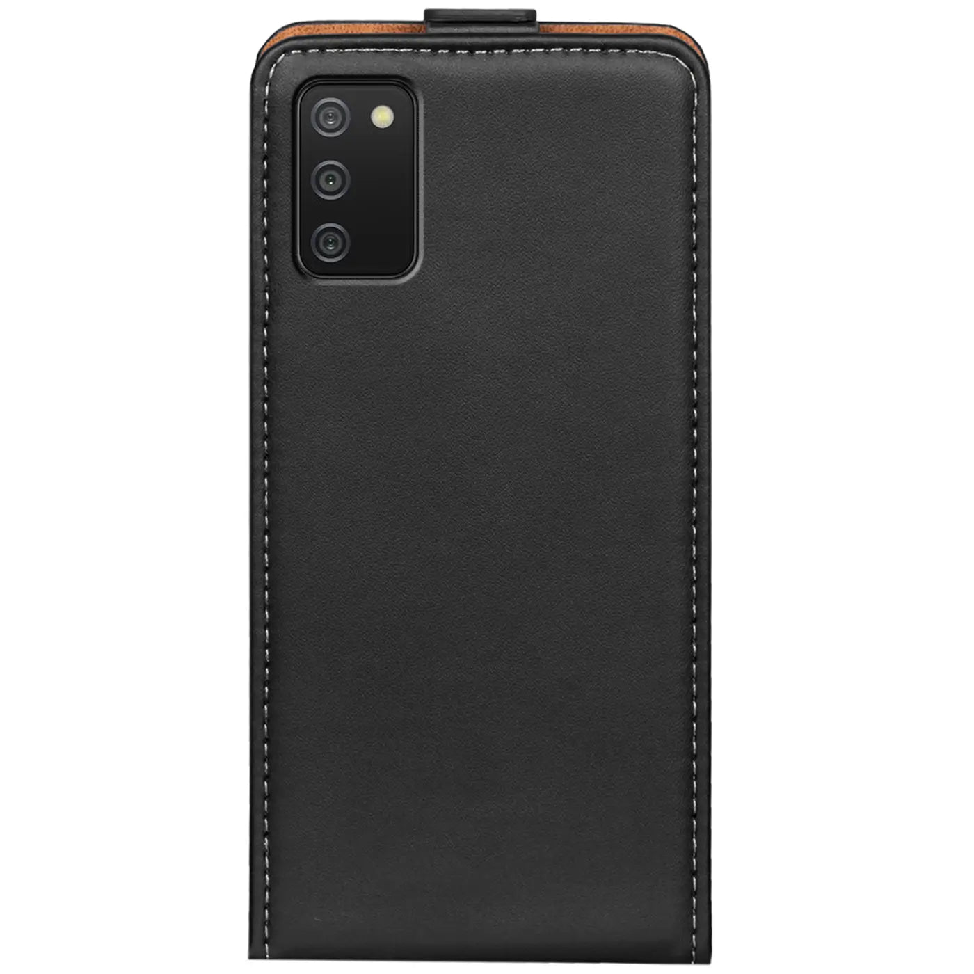 Schwarze Klapphülle aus Leder mit Nähten für Samsung Galaxy A03s, Rückansicht