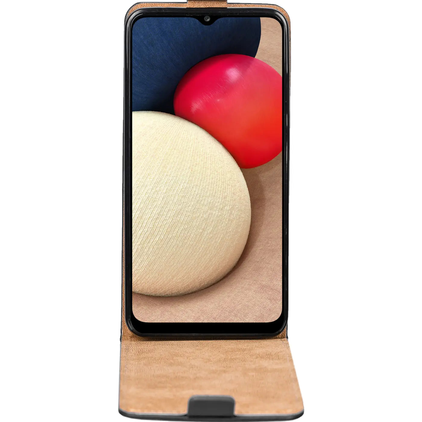 Braune Leder-Flip-Hülle mit Samsung Galaxy A03s von vorne, leicht schräg.