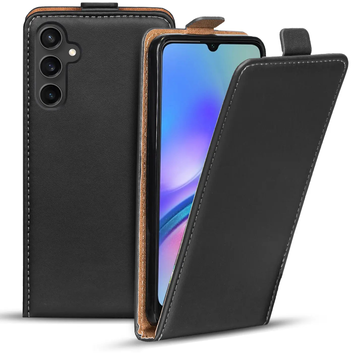 Schwarze Leder-Flip-Hülle mit braunem Rand, zeigt Samsung Galaxy A05s von vorne und hinten.
