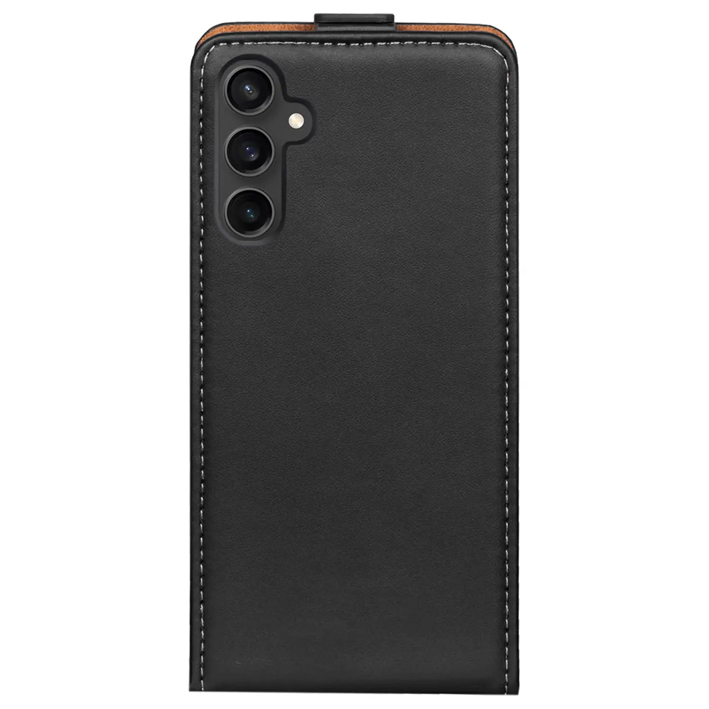 Schwarze Leder-Flip-Hülle für Samsung Galaxy A05s, Rückseite mit Kamera, von oben gesehen.