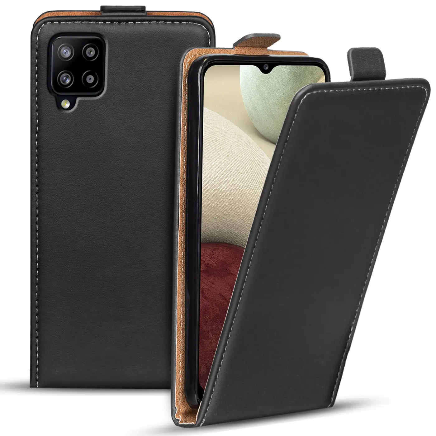 Schwarze Leder-Flip-Hülle mit braunem Innenfutter, zeigt Samsung Galaxy A12/M12.