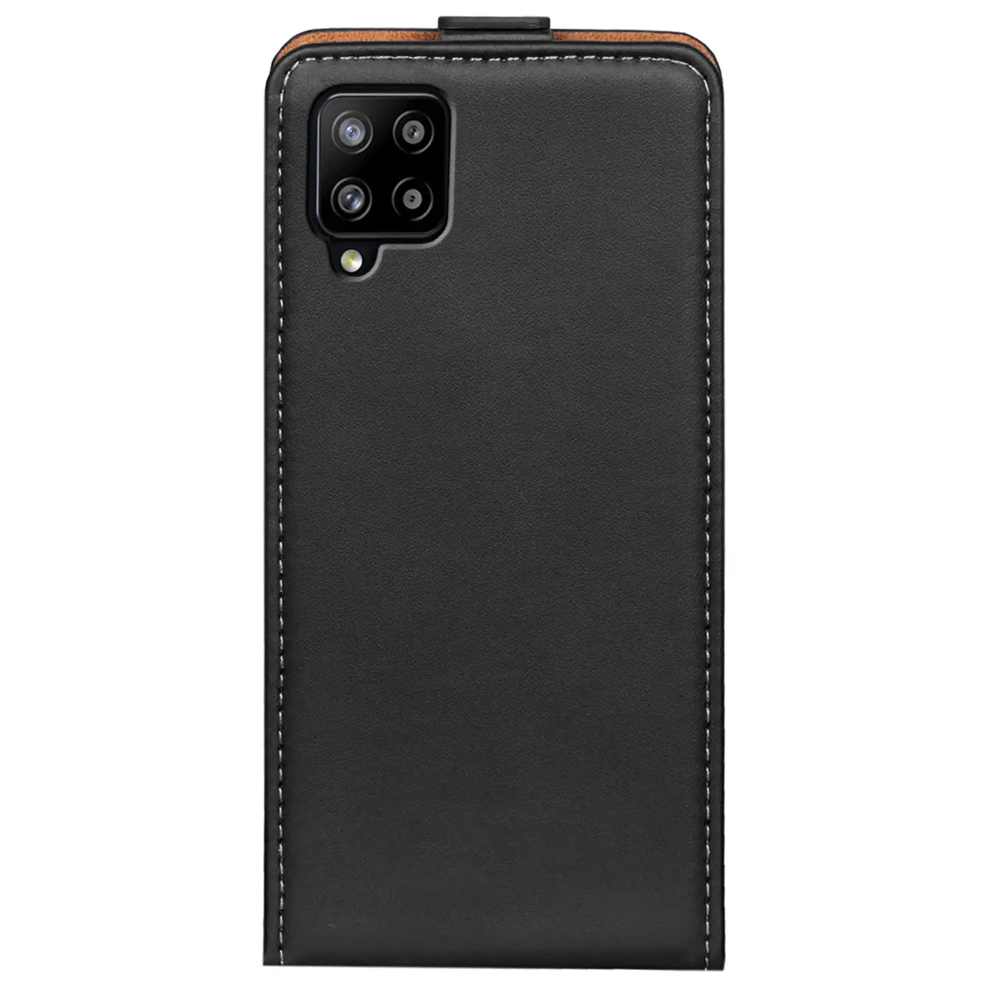 Schwarze Leder-Flip-Hülle mit Kameraausschnitt für Samsung Galaxy A12/M12, von oben gesehen.