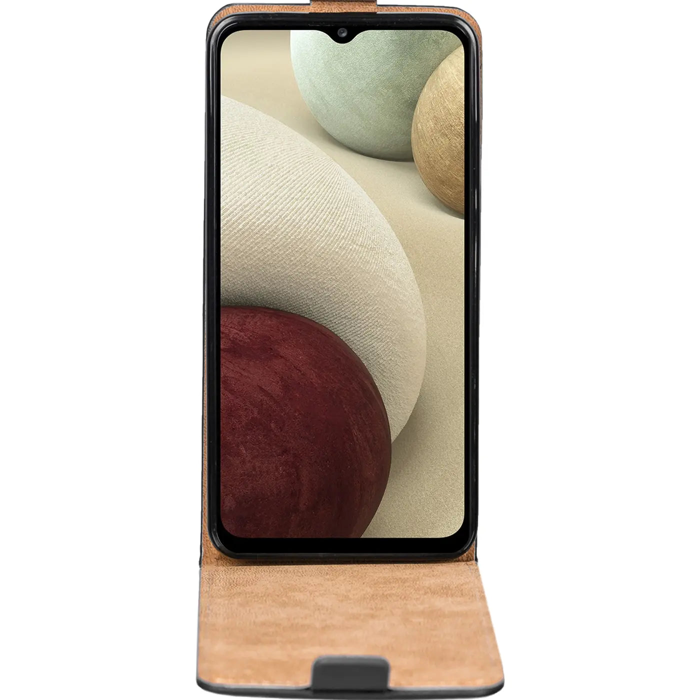 Braunes Leder-Flip-Case, geöffnet, zeigt Samsung Galaxy A12/M12.