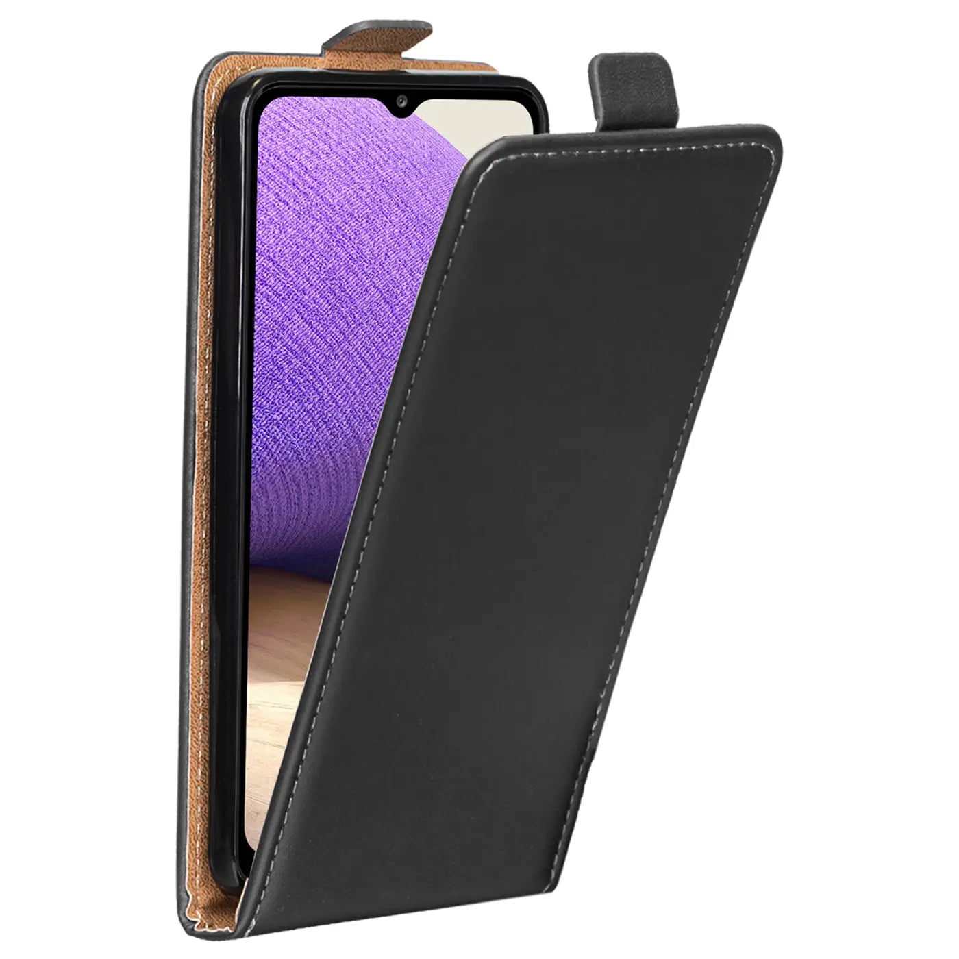 Schwarze Leder-Flip-Hülle mit offenem Samsung Galaxy A13 4G, Seitenansicht.
