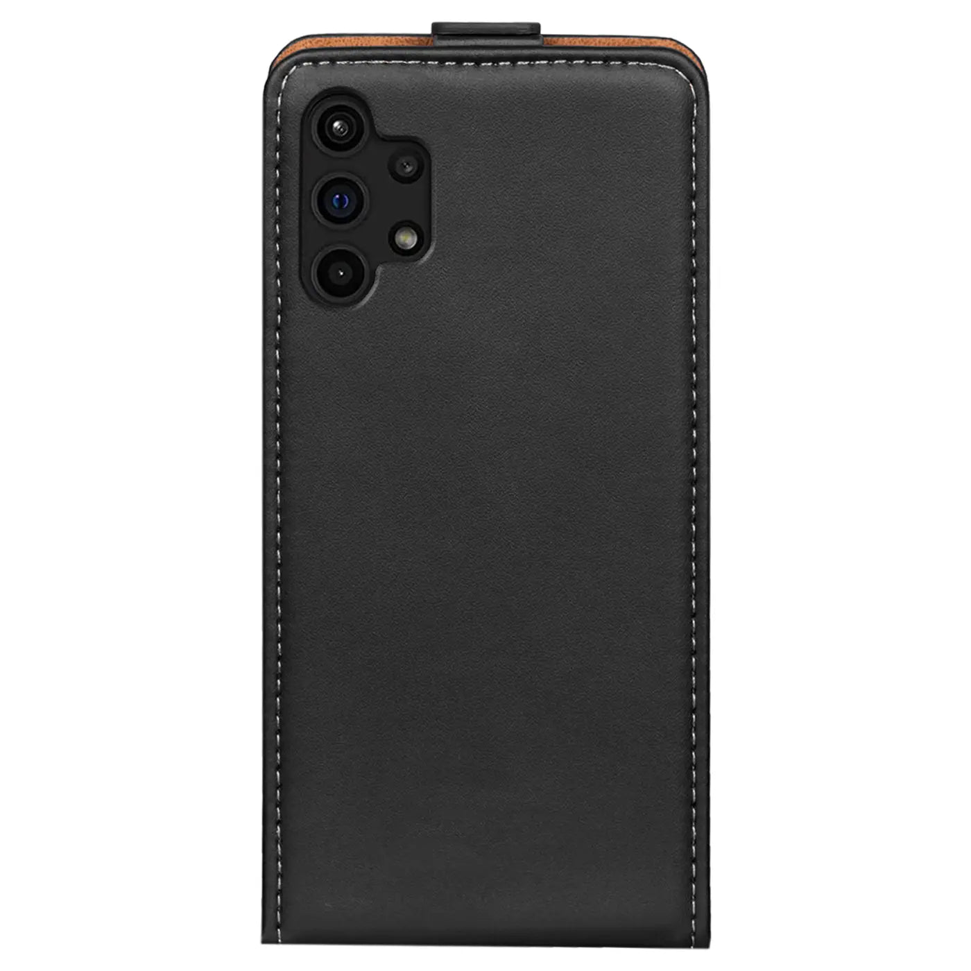 Schwarze Leder-Flip-Hülle mit Nähten auf einem Samsung Galaxy A13 4G, Rückansicht.