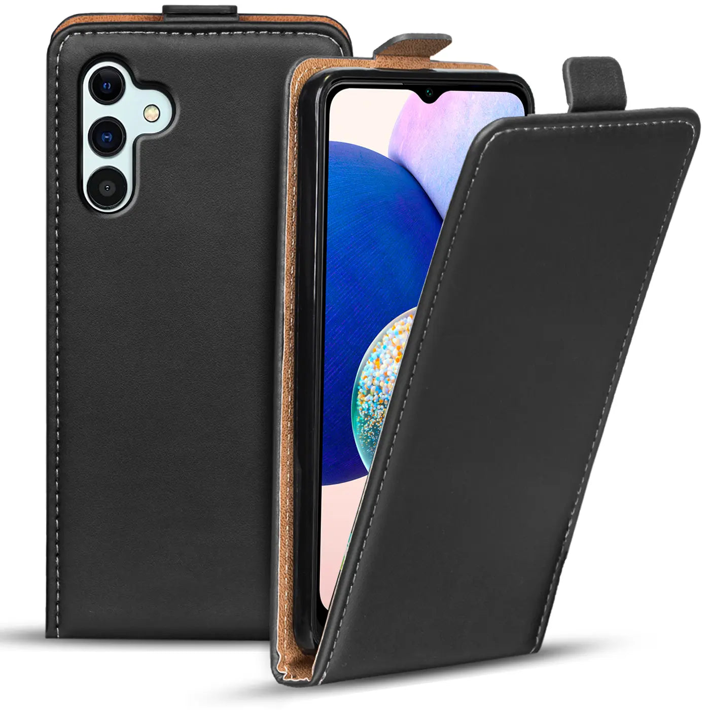 Schwarze Leder-Flip-Hülle, offen, zeigt Samsung Galaxy A14 4G/5G, Vorderansicht.