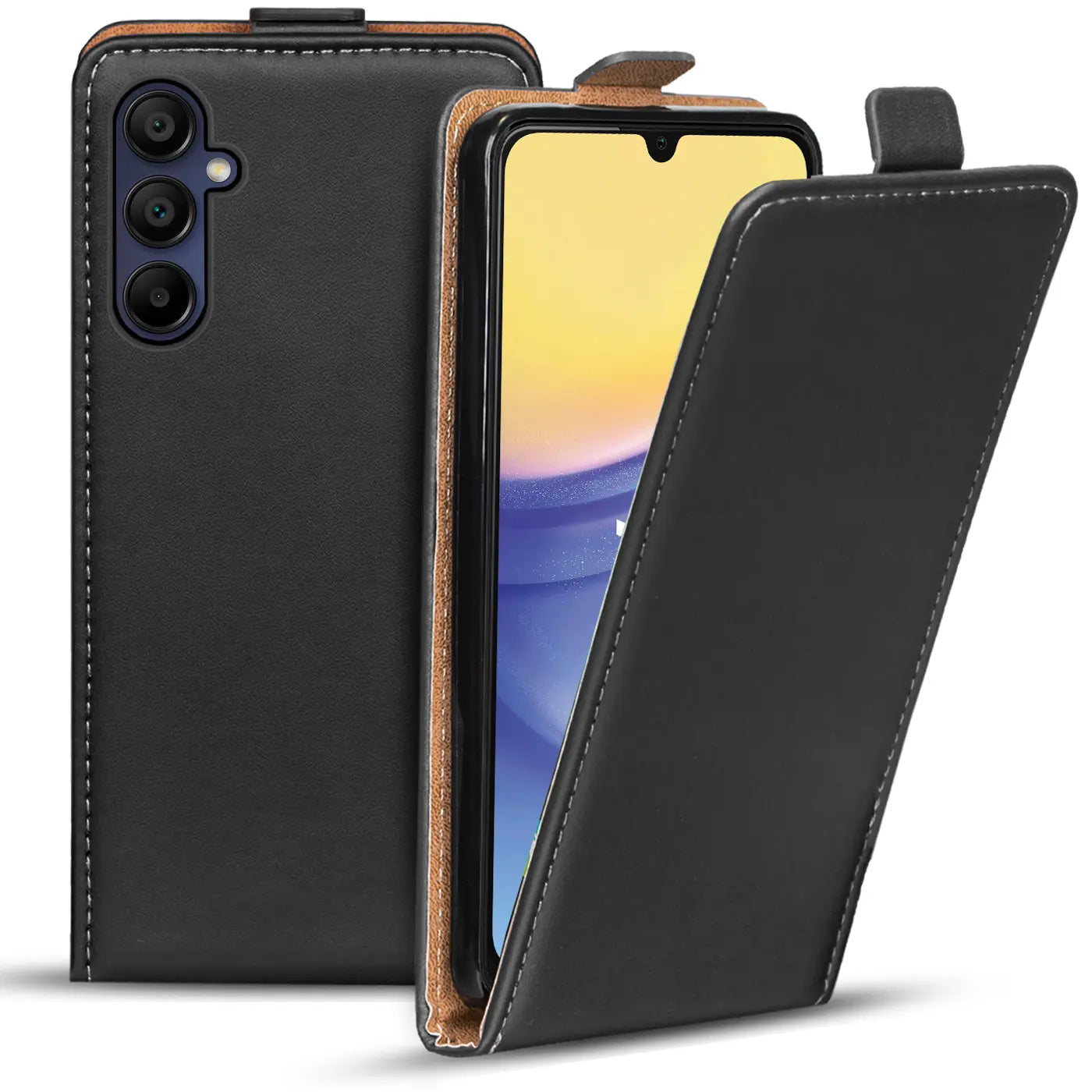Schwarze Leder-Flip-Hülle mit braunem Innenfutter, zeigt Rückseite und offene Vorderseite eines Samsung Galaxy A15.