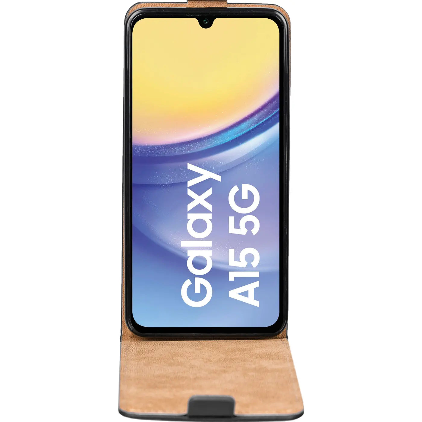 Braune Leder-Flip-Hülle mit Samsung Galaxy A15 5G im Hochformat.