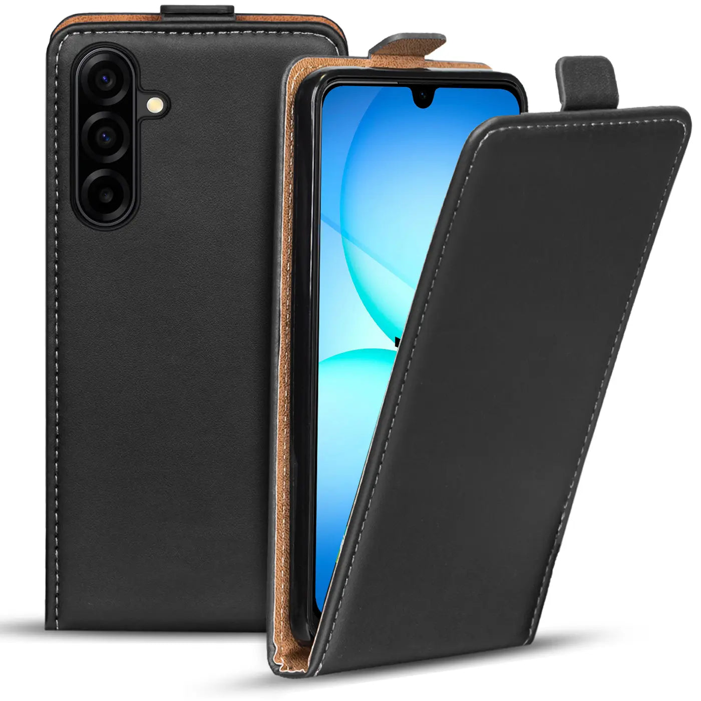 Schwarze Leder-Flip-Hülle mit braunem Rand für Samsung Galaxy A17 5G, von vorne gezeigt.