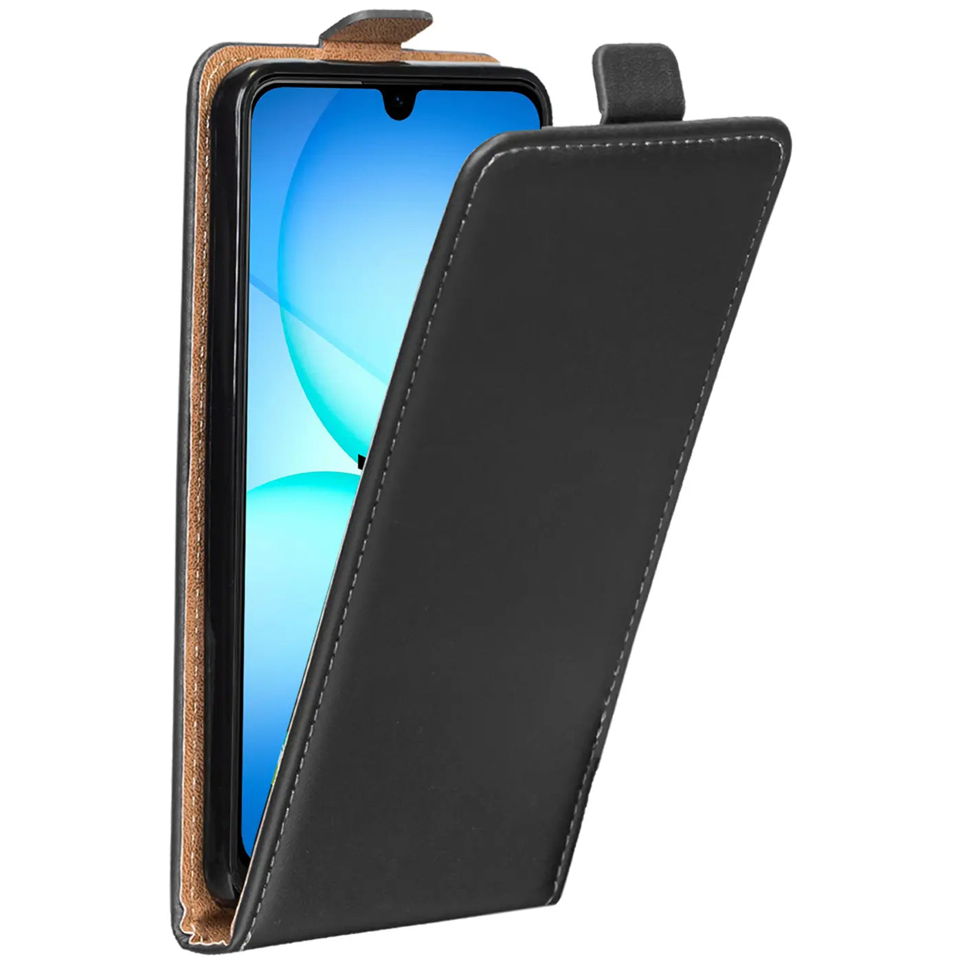 Schwarze Kunstleder-Flip-Hülle, schräg von vorne, mit Samsung Galaxy A17 5G.