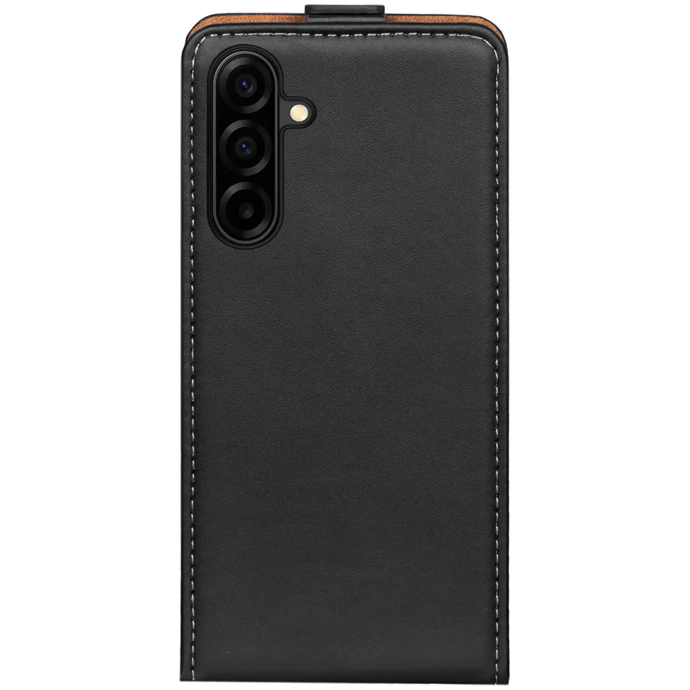 Schwarze Leder-Flip-Hülle mit Holz-Akzent, Rückansicht, Samsung Galaxy A17 5G.