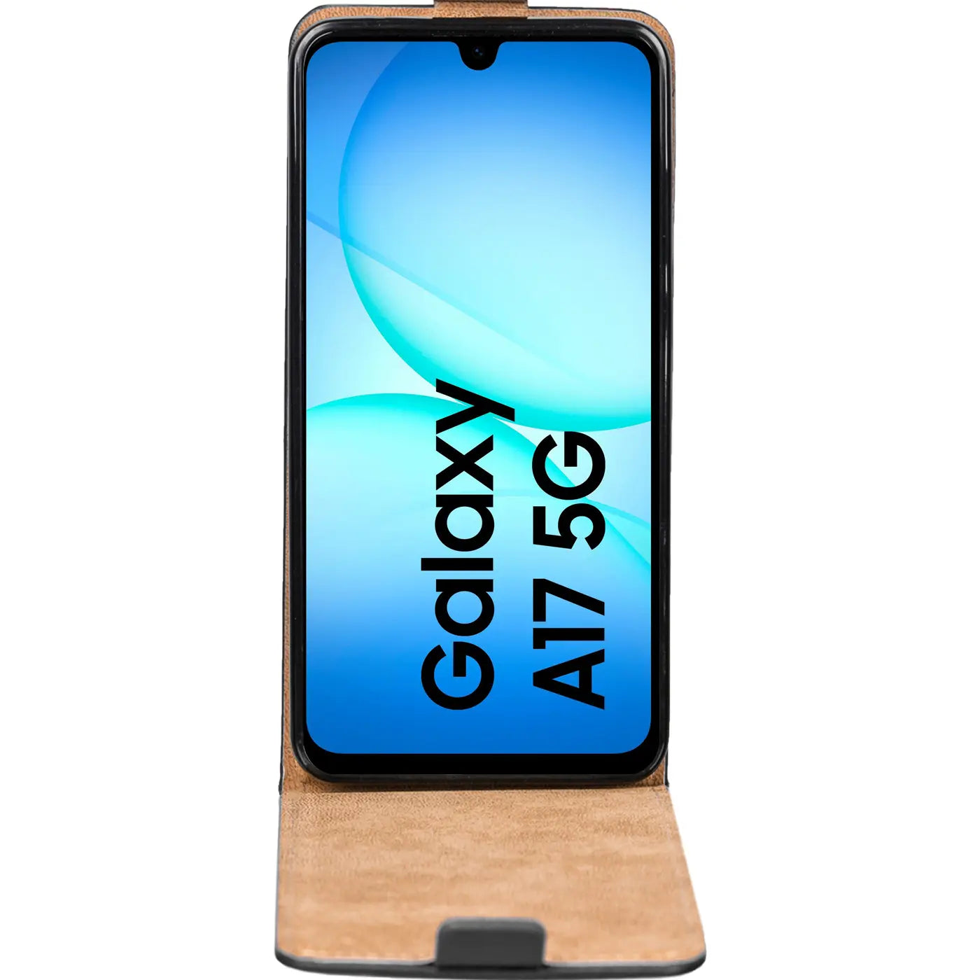 Braune Leder-Flip-Hülle für Samsung Galaxy A17 5G, von vorne geöffnet.
