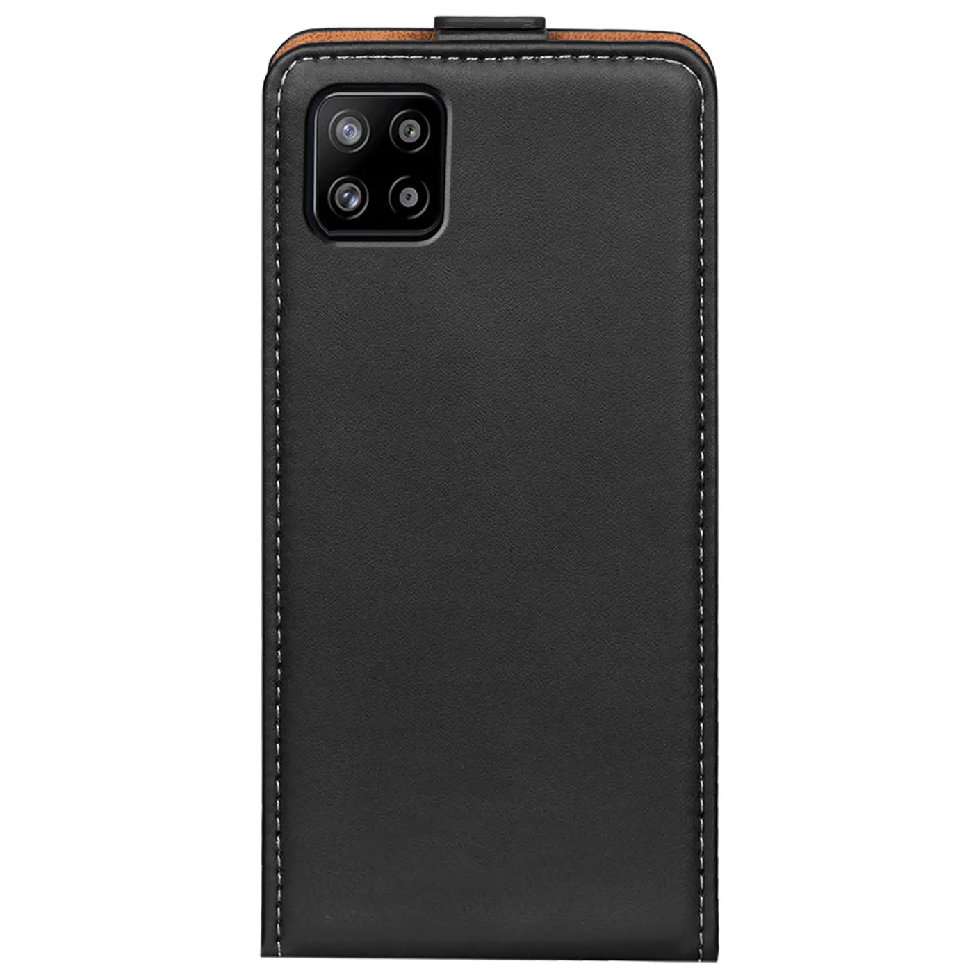Schwarze Leder-Flip-Hülle mit braunem Akzent für Samsung Galaxy A22 5G, Rückansicht.