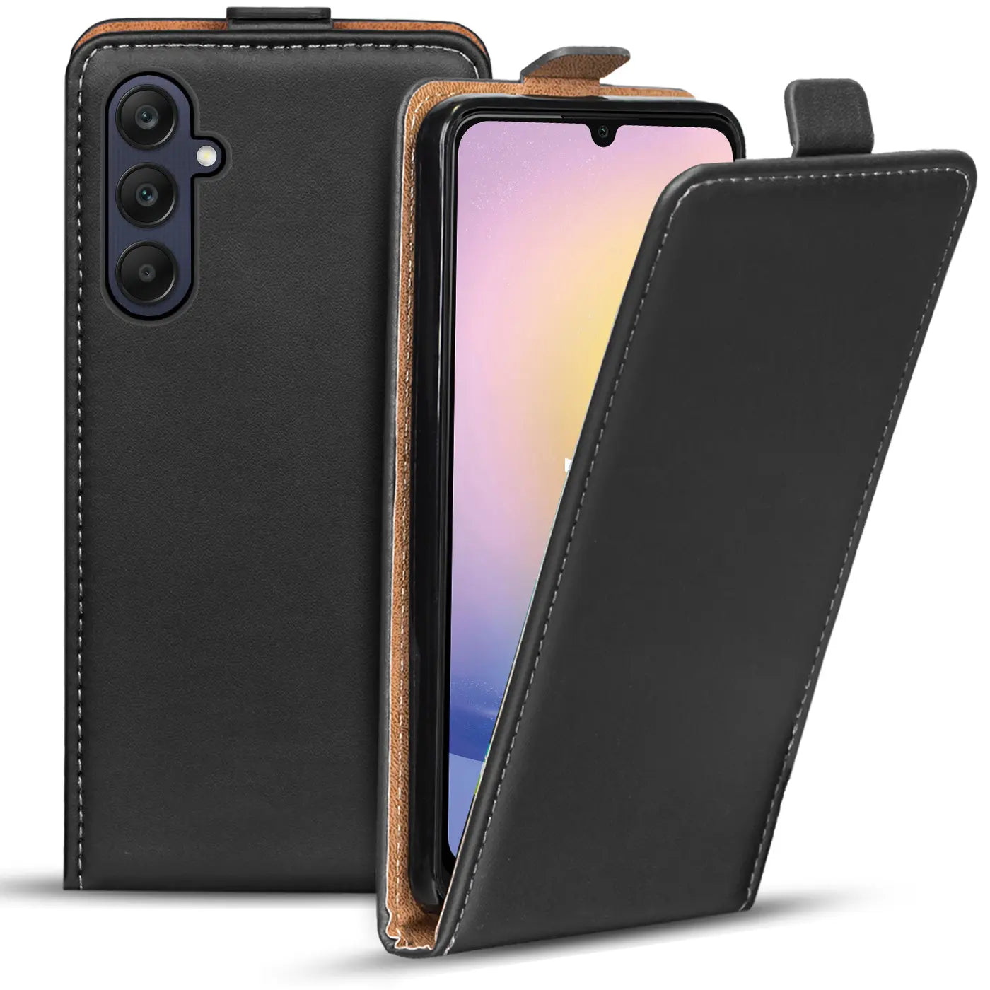 Schwarze Leder-Flip-Hülle mit braunem Rand, Vorderansicht, Samsung Galaxy A25 5G.
