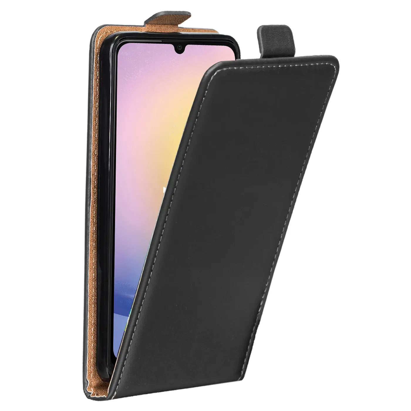 Schwarze Leder-Flip-Hülle mit offenem Klappdeckel, zeigt Samsung Galaxy A25 5G.
