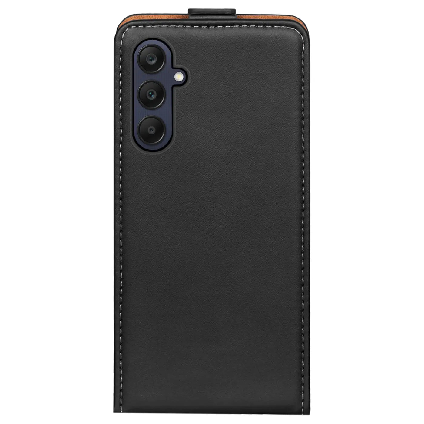 Schwarze Leder-Flip-Hülle mit Nähten, Rückansicht, Samsung Galaxy A25 5G.