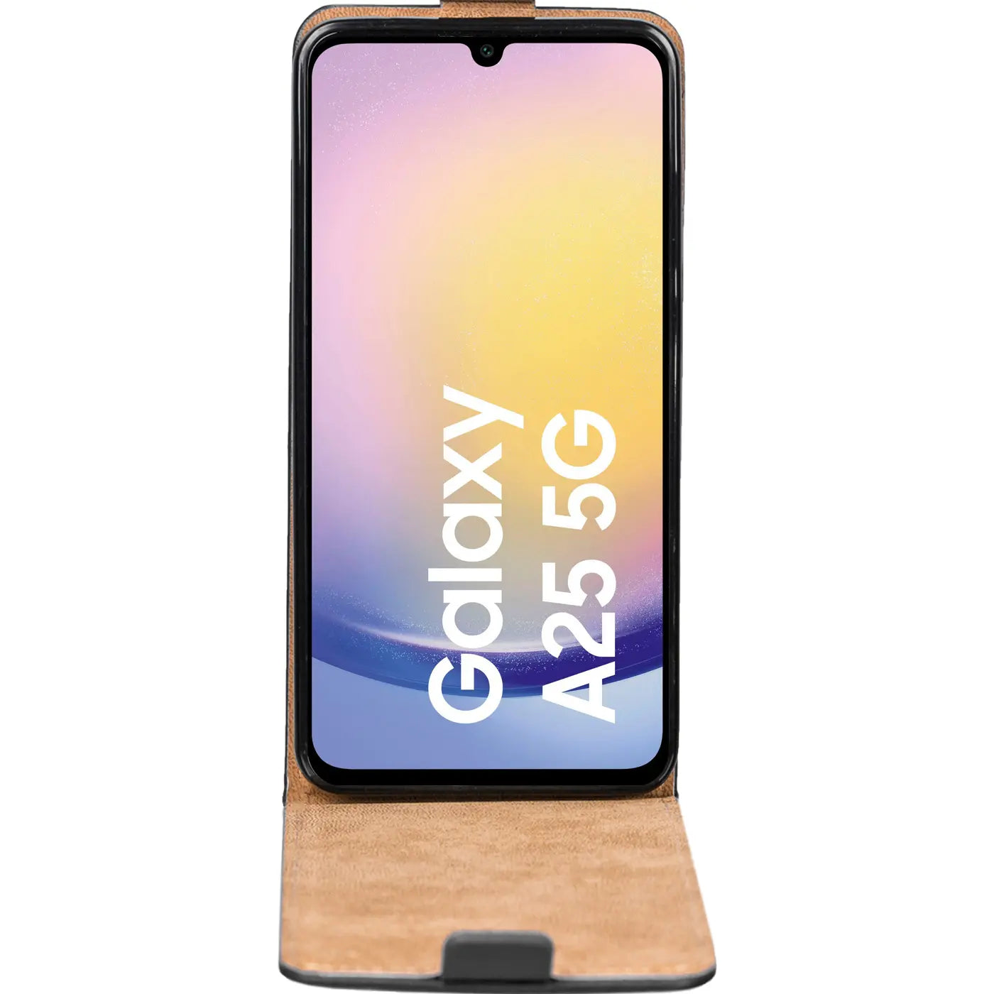 Braune Leder-Flip-Hülle für Samsung Galaxy A25 5G, von vorne geöffnet.