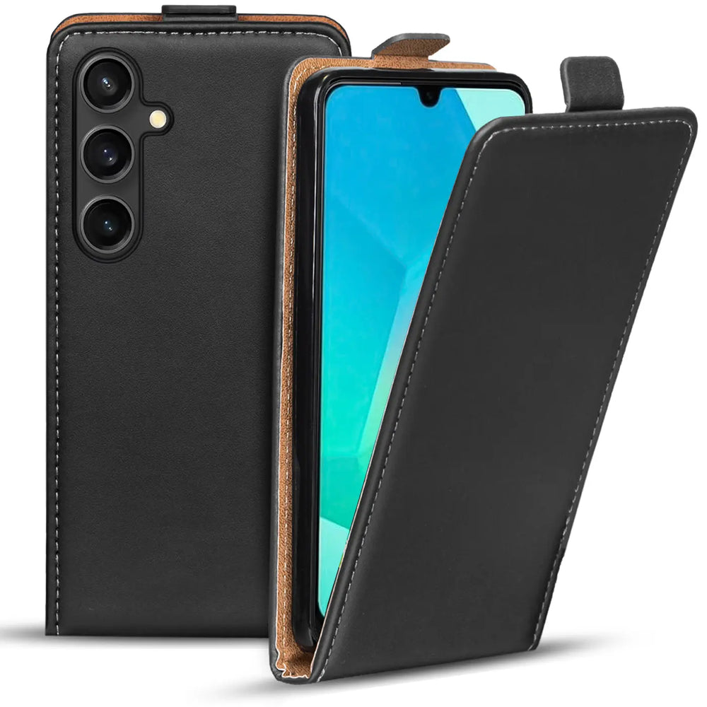 Schwarze Leder-Flip-Hülle mit braunem Innenfutter, zeigt Samsung Galaxy A26 5G.