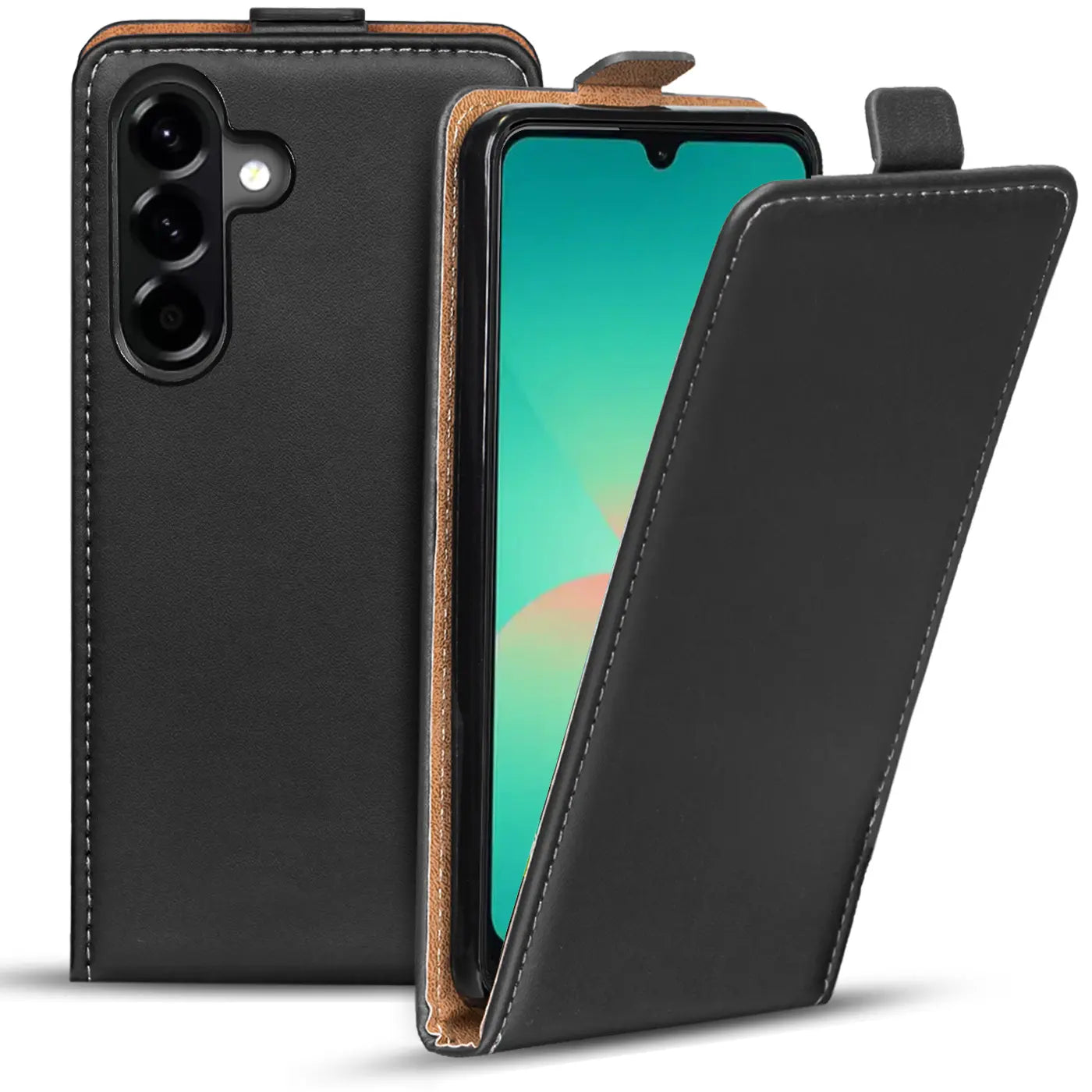 Schwarze Leder-Flip-Hülle mit braunen Nähten, zeigt Samsung Galaxy A27 5G, Vorder- und Rückansicht.