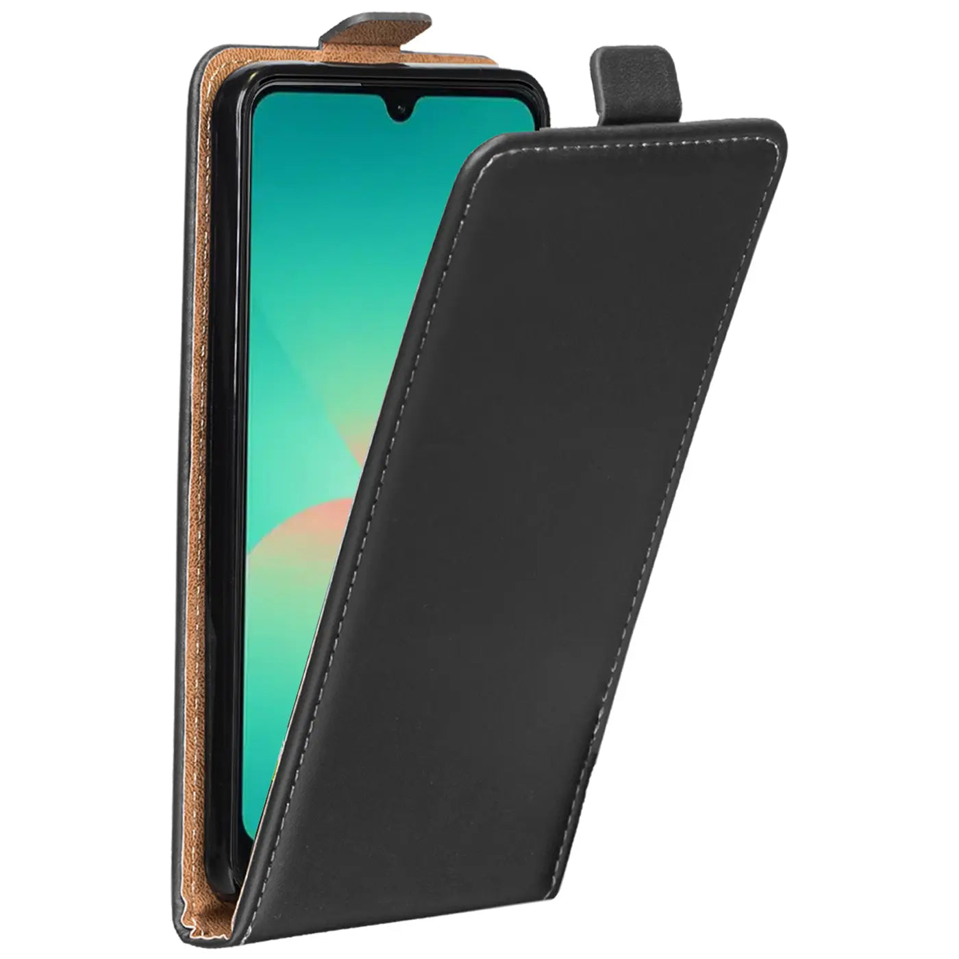Schwarze Kunstleder-Flip-Hülle mit offenem Display eines Samsung Galaxy A27 5G, von vorne schräg.