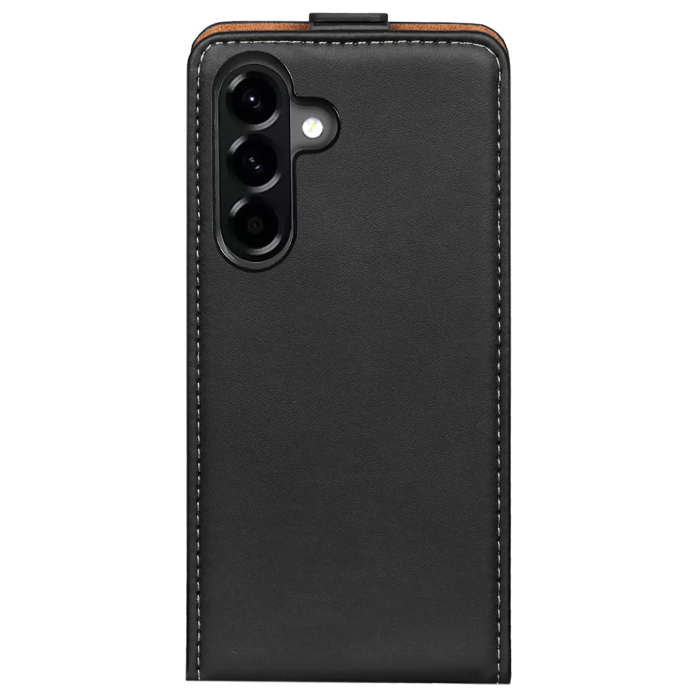 Schwarze Leder-Flip-Hülle mit braunem Rand, Rückansicht, Samsung Galaxy A27 5G.