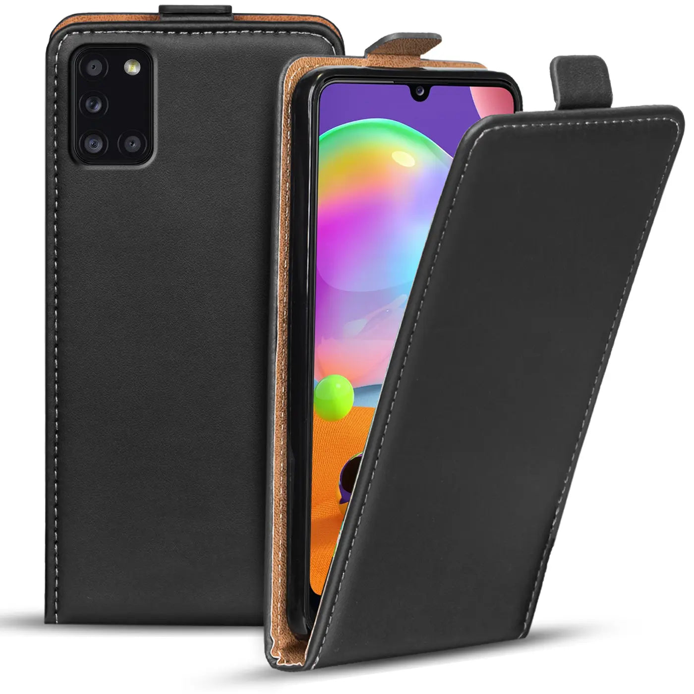 Schwarze Leder-Flip-Hülle mit offenem Display für Samsung Galaxy A31, von vorne schräg.