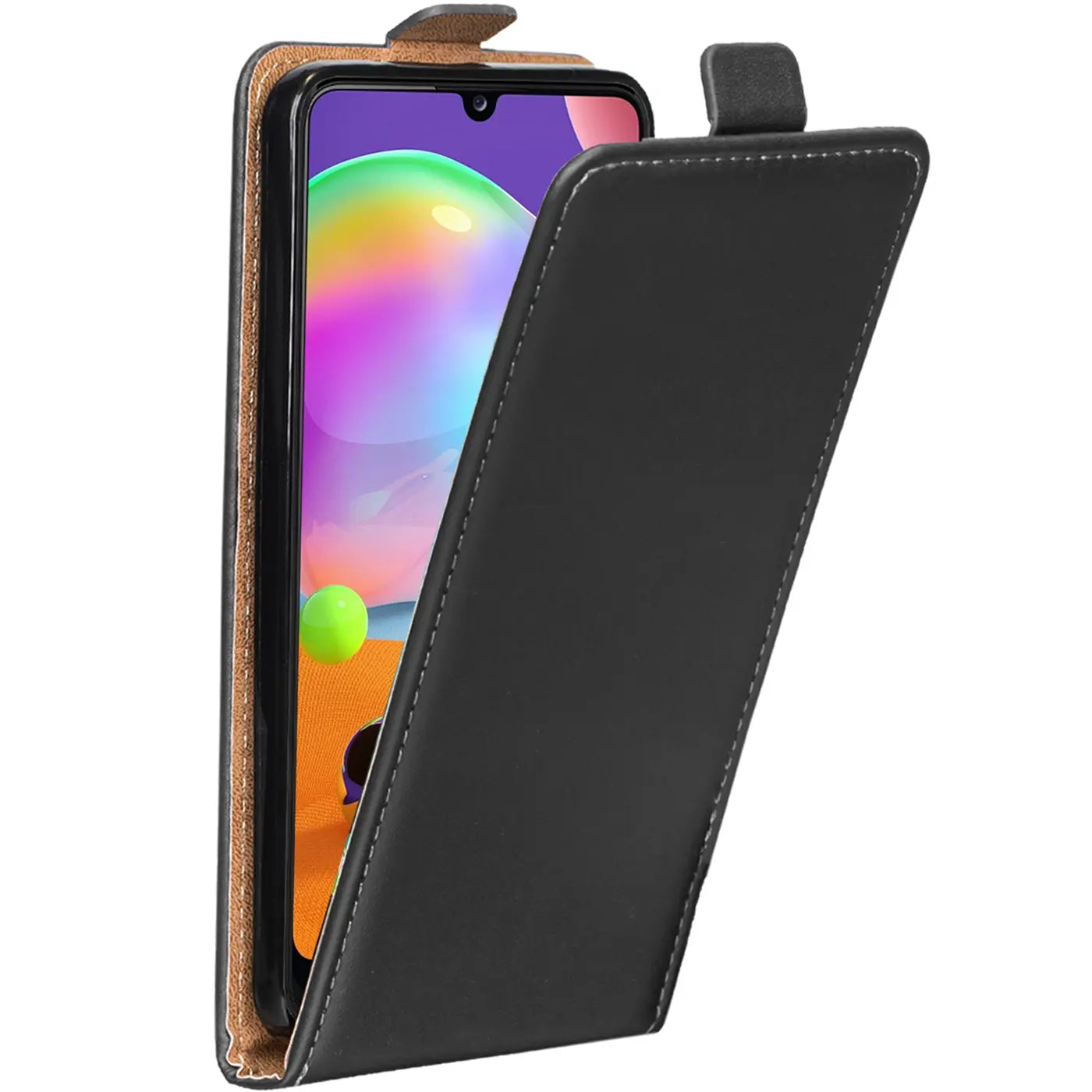 Schwarze Leder-Flip-Hülle, offen, zeigt Samsung Galaxy A31 von vorne.