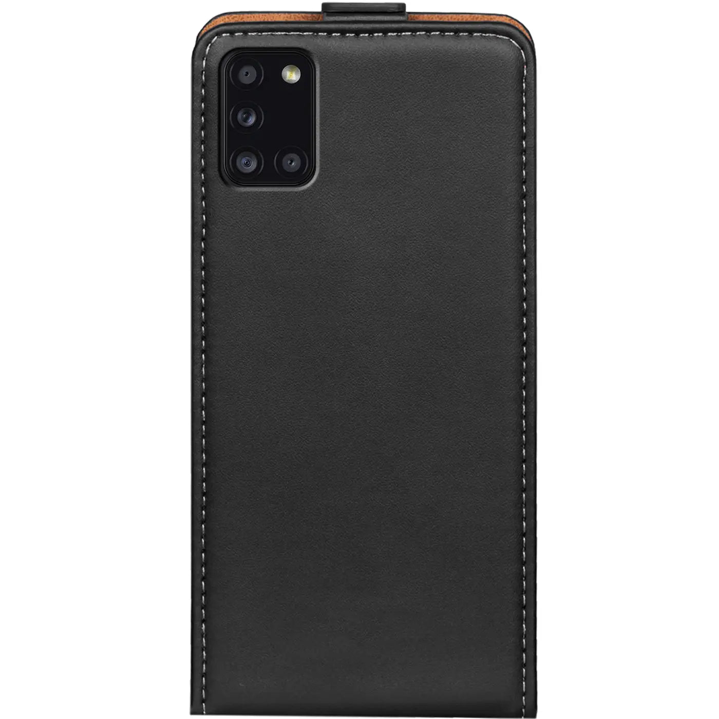 Schwarze Leder-Flip-Hülle mit Nähten, Rückansicht, Samsung Galaxy A31