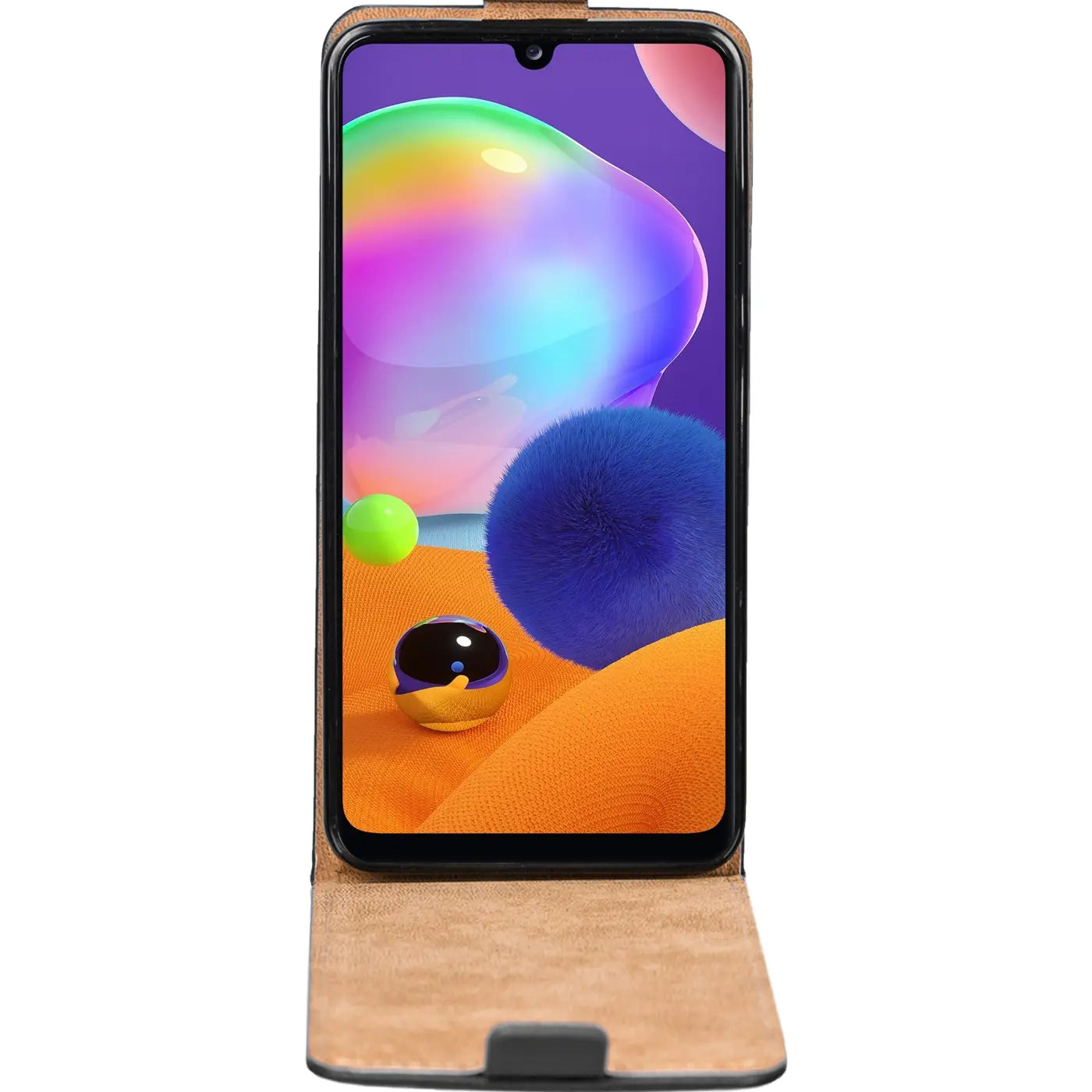 Braune Kunstleder-Flip-Hülle mit offenem Samsung Galaxy A31, Vorderansicht.