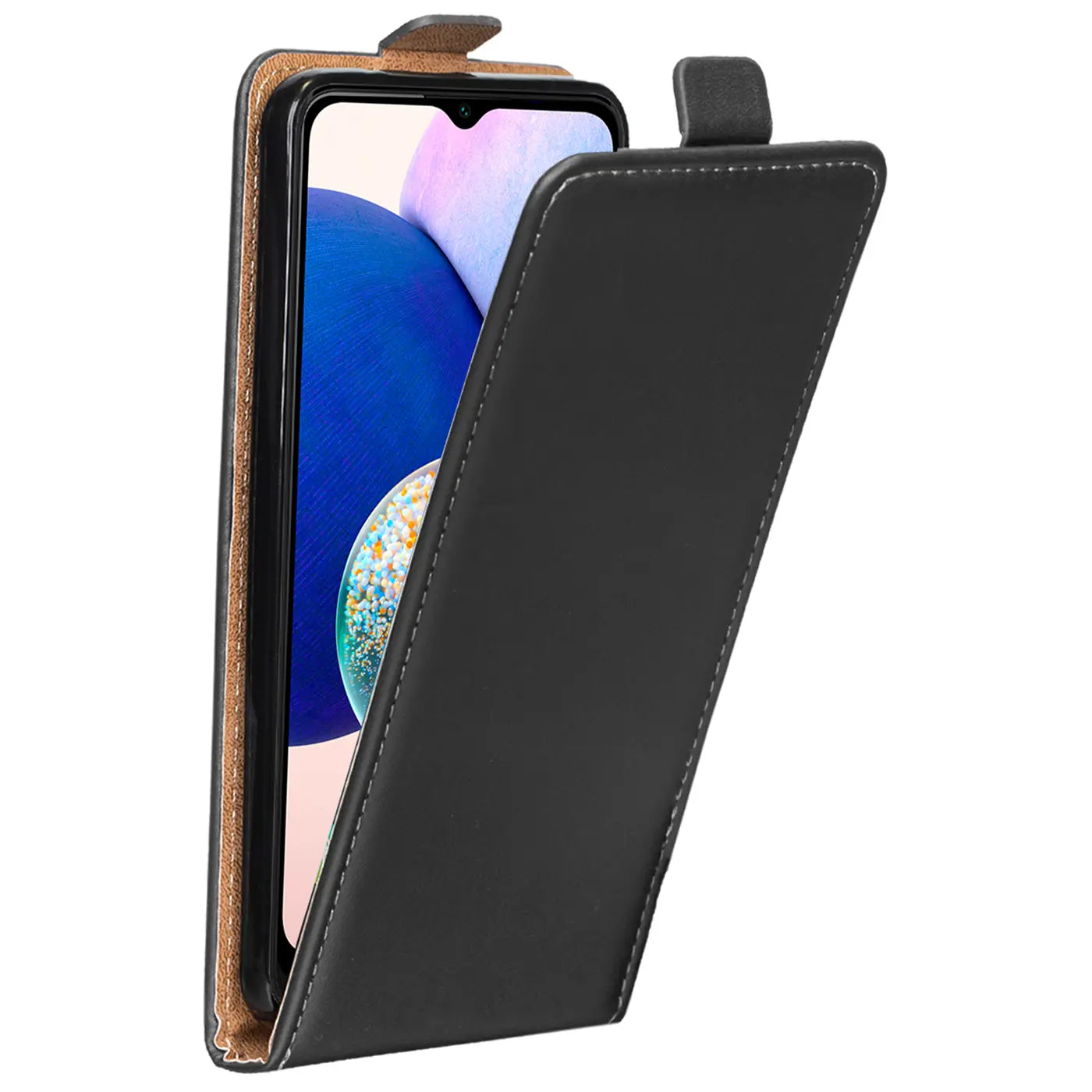 Schwarze Leder-Flip-Hülle, seitliche Ansicht, mit Samsung Galaxy A34 5G.
