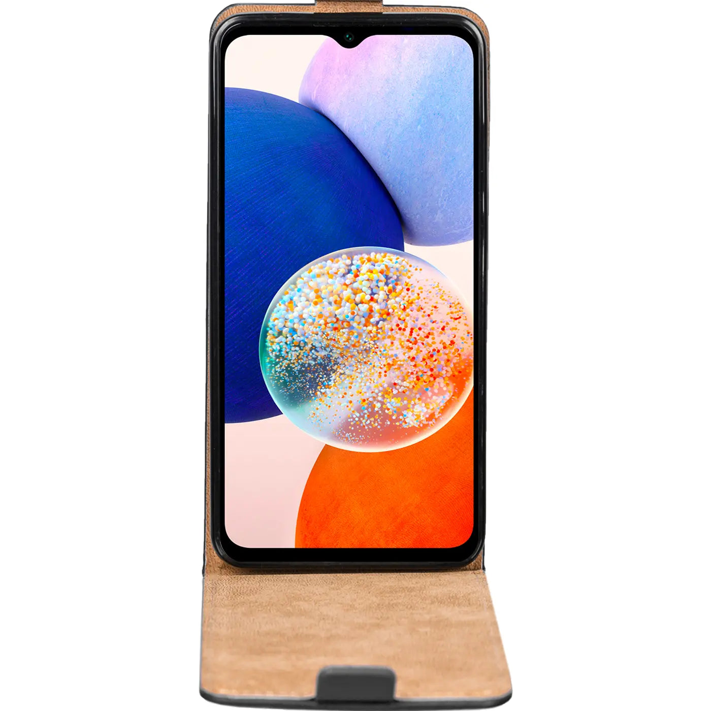 Braune Leder-Flip-Hülle für Samsung Galaxy A34 5G, Vorderansicht.
