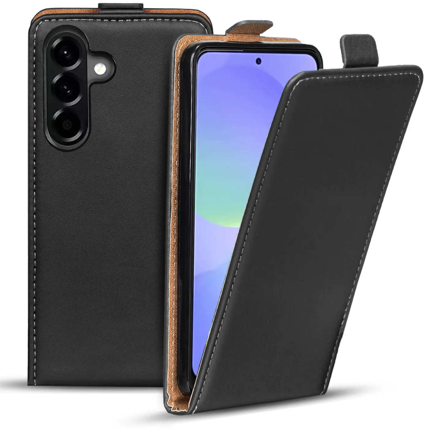 Schwarze Leder-Flip-Hülle mit braunem Rand, zeigt Samsung Galaxy A37 5G, von vorne.