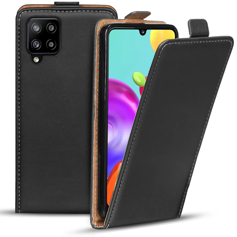 Schwarze Leder-Flip-Hülle für Samsung Galaxy A42 5G, von vorne mit geöffneter Klappe.