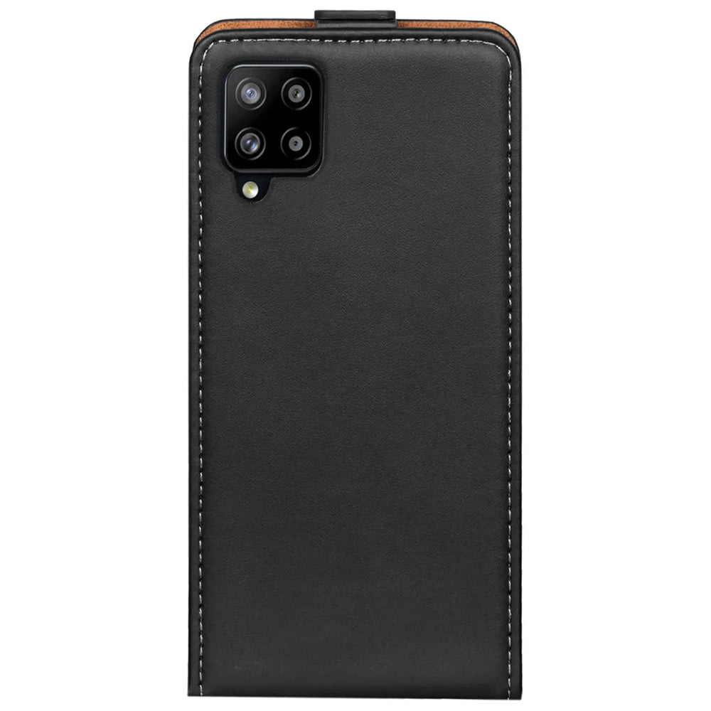 Schwarze Leder-Flip-Hülle für Samsung Galaxy A42 5G, Rückansicht.
