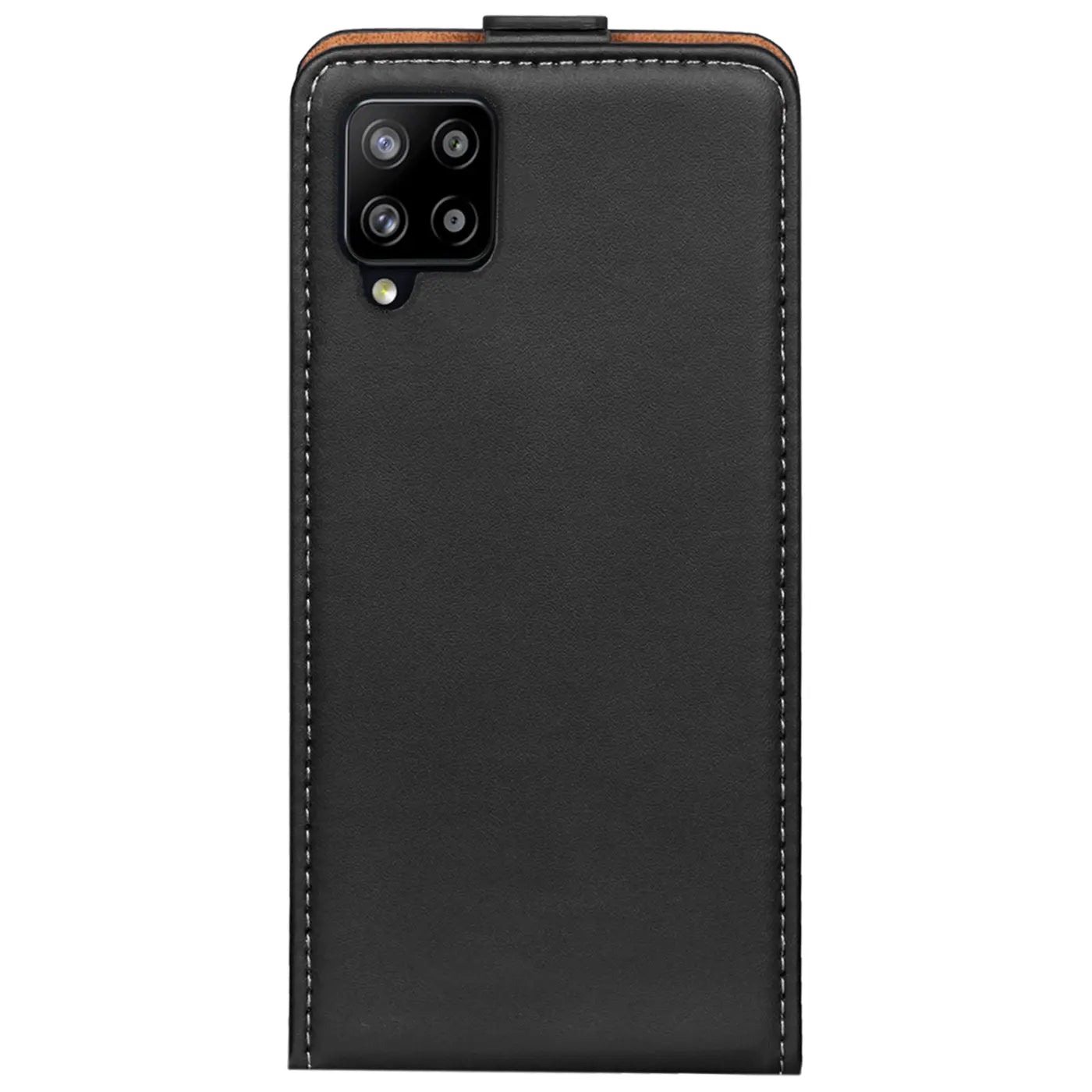 Schwarze Leder-Flip-Hülle für Samsung Galaxy A42 5G, Rückansicht.