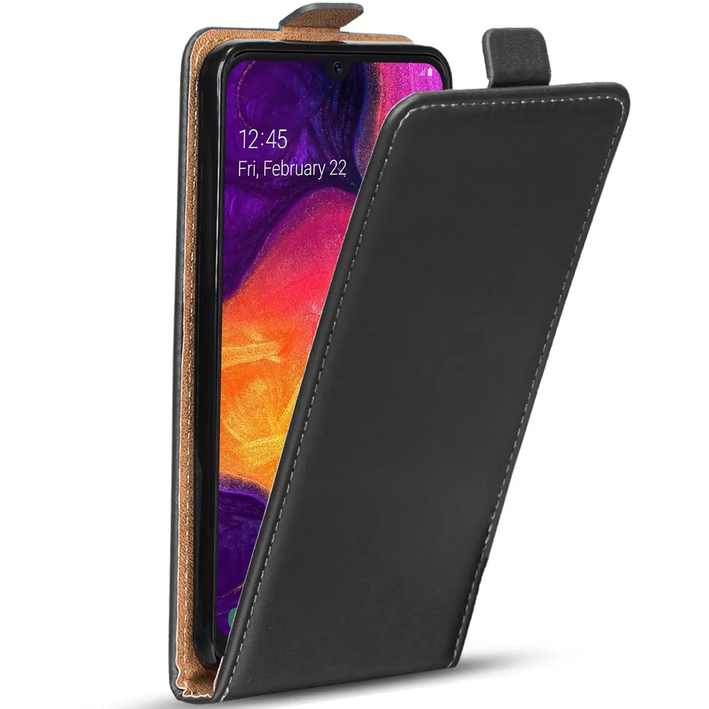 Schwarze Leder-Flip-Hülle, leicht geöffnet, zeigt Samsung Galaxy A50/A30s.
