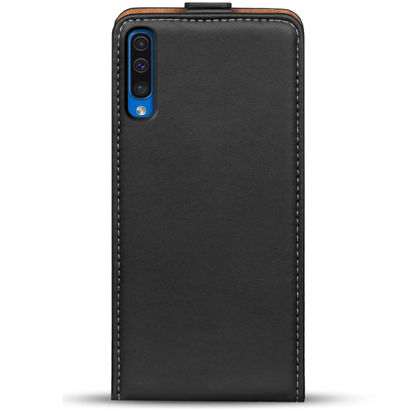 Schwarze Leder-Flip-Hülle mit Nähten, Rückansicht, Samsung Galaxy A50/A30s Kamera