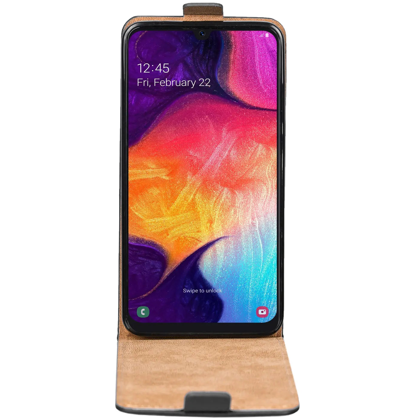 Braune Leder-Flip-Hülle für Samsung Galaxy A50/A30s, von vorne gezeigt.