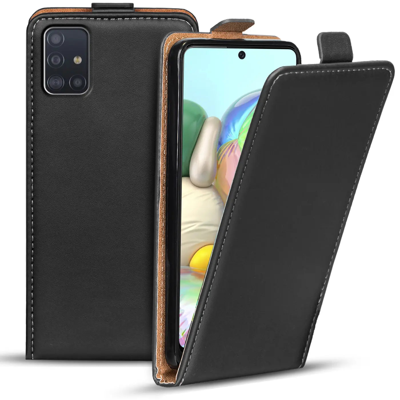 Schwarze Leder-Flip-Hülle mit braunem Rand für Samsung Galaxy A51, von vorne schräg