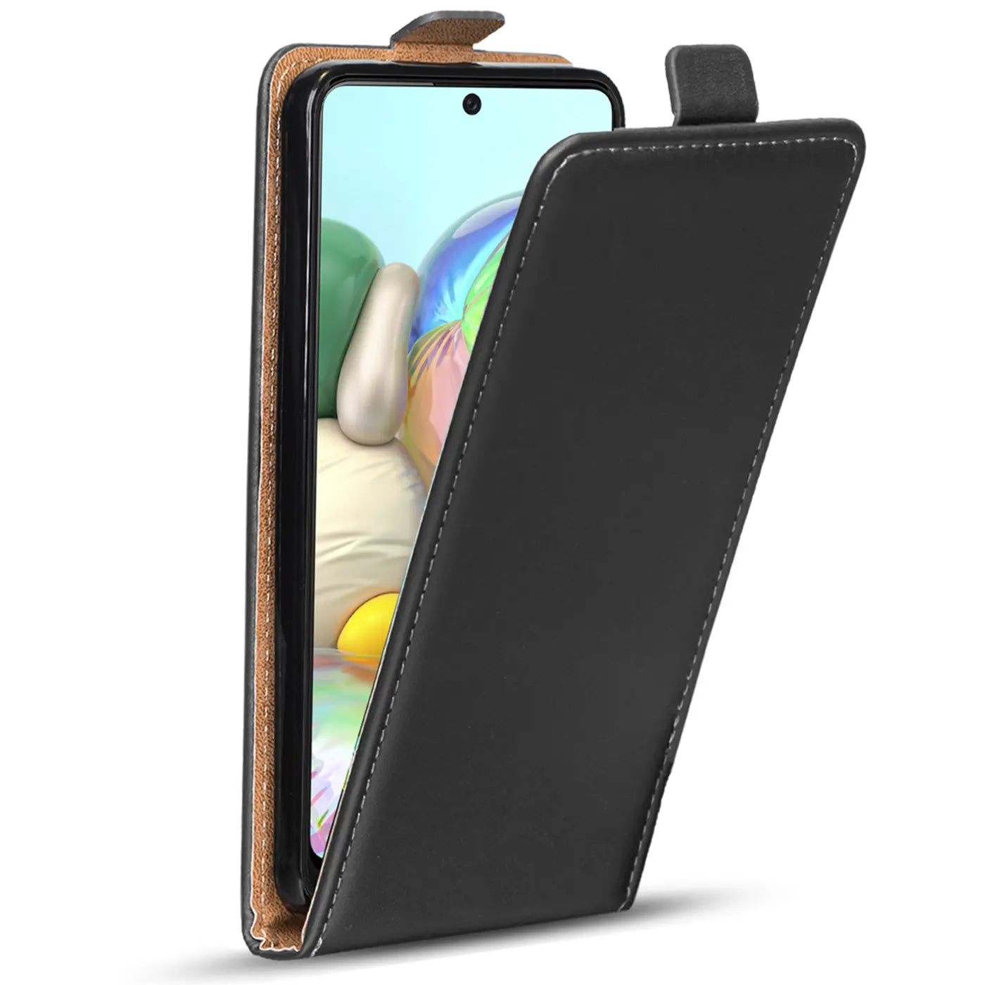 Schwarze Leder-Flip-Hülle, leicht geöffnet, zeigt Samsung Galaxy A51.