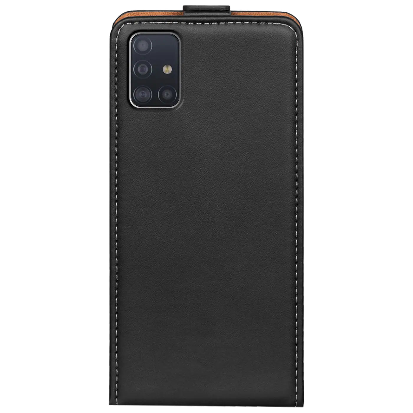 Schwarze Leder-Flip-Hülle für Samsung Galaxy A51, Rückansicht