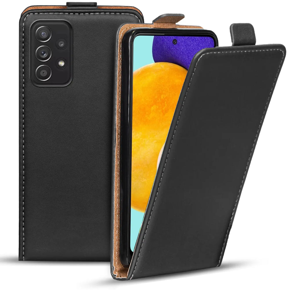 Schwarze Leder-Flip-Hülle für Samsung A52/A52s 5G, von vorne, offen.