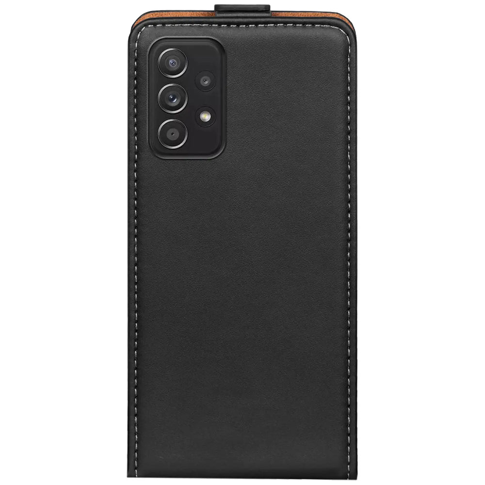 Schwarze Leder-Flip-Hülle mit Nähten, Rückansicht, Samsung Galaxy A52 / A52 5G / A52S 5G