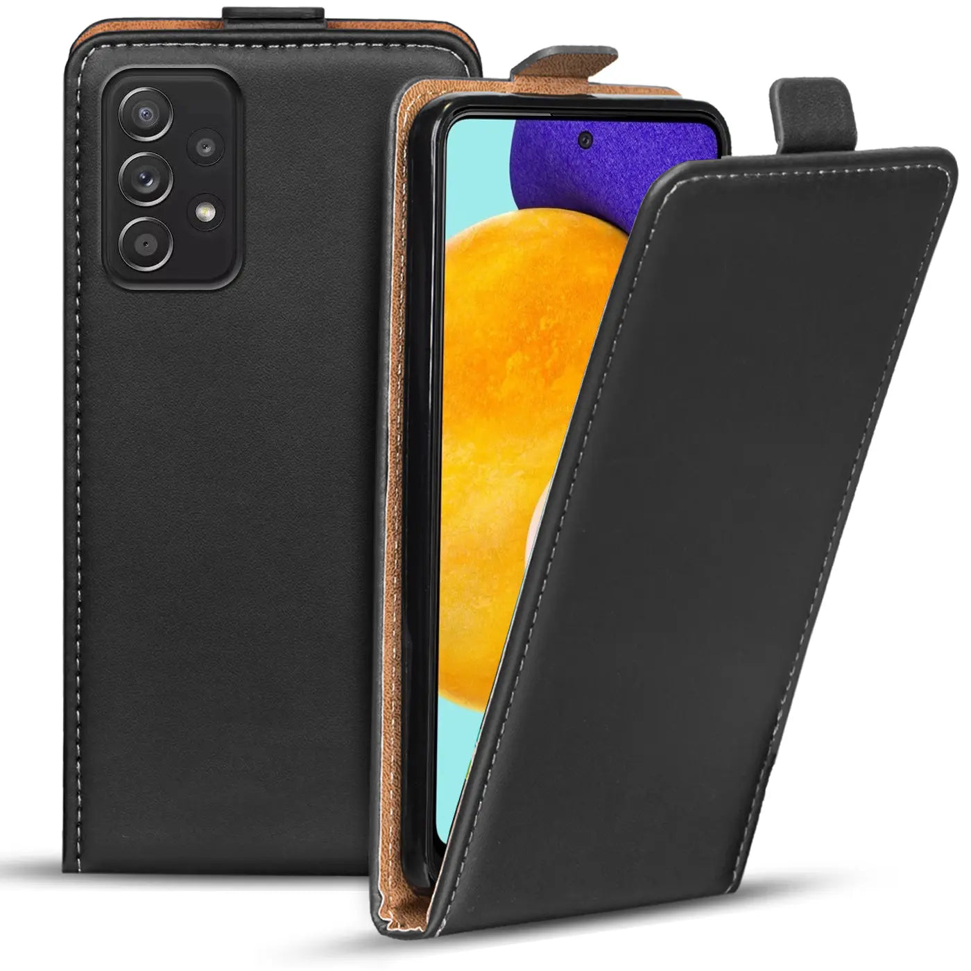 Schwarze Leder-Flip-Hülle für Samsung Galaxy A53 5G, von vorne mit geöffneter Klappe.